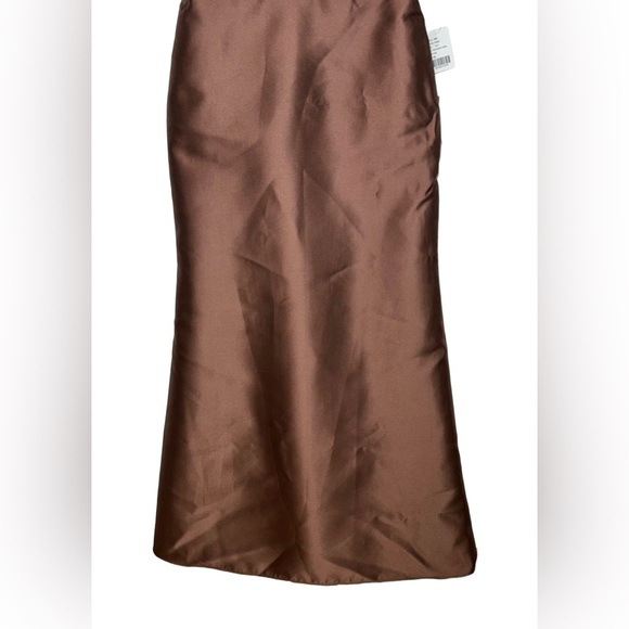 NWT Alfred Sung Deep V-Back Satin Trumpet Dress, One-Shoulder Bow in Cognac, 12R - Picture 9 of 16